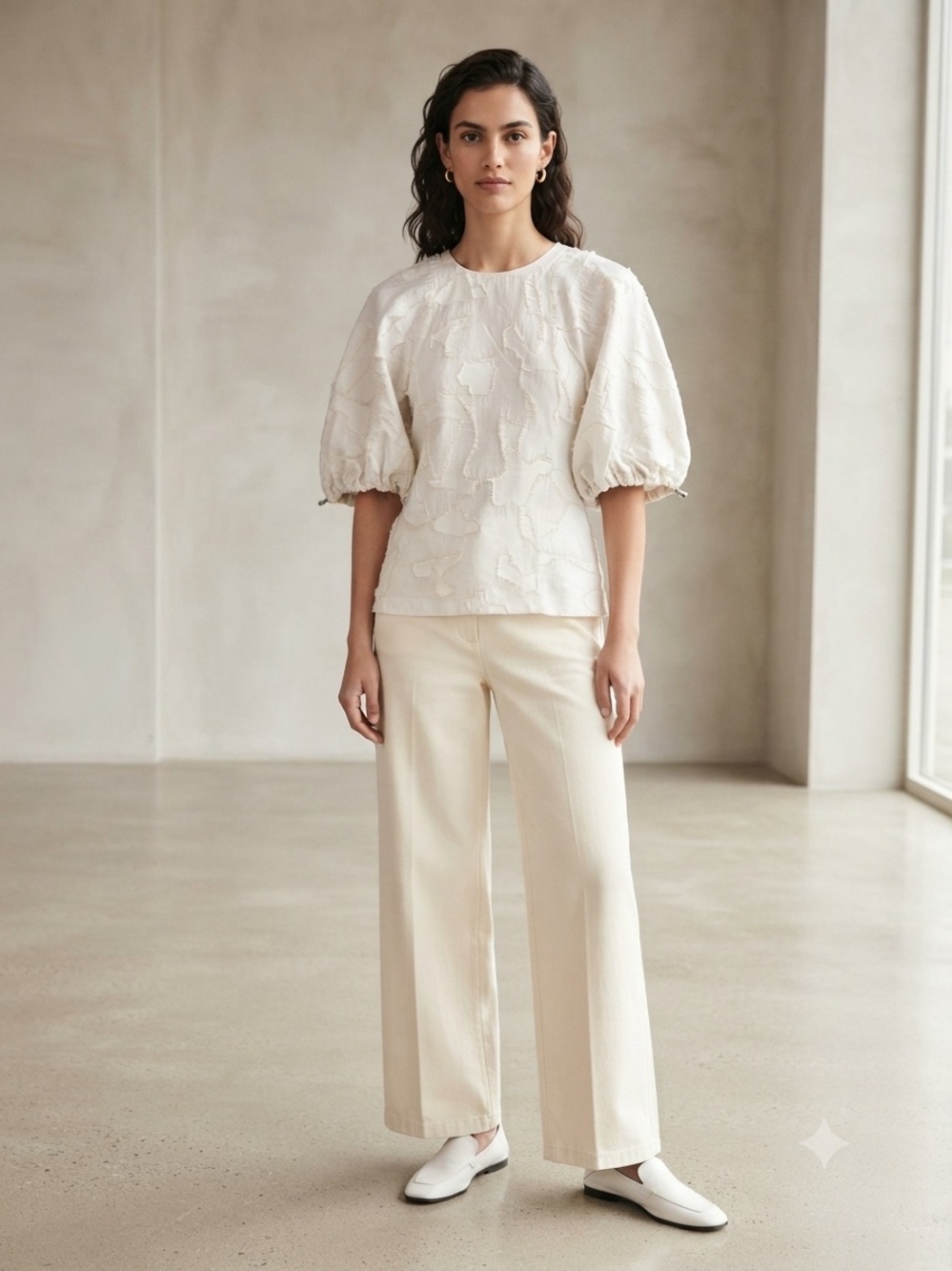 COS Textuted Jacquard‎ Puff Sleeve Top Bungee Cuffs Off White Silk Blend Size 34